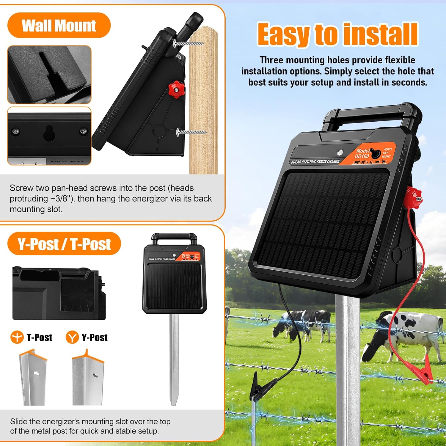 10 Mile Solar Electric Fence Charger, 0.16J Output with Auto/Night Mode, 8.1KV Max Voltage, Front Switch Design with