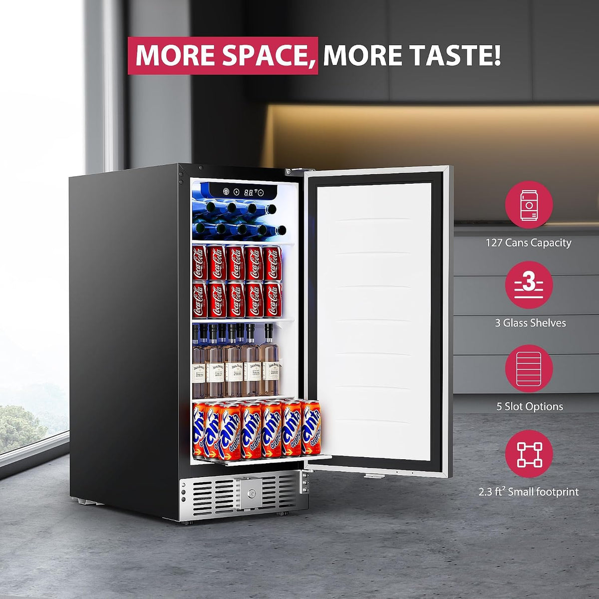 15"Beverage Refrigerator, 127Can Under Counter Refrigerator, Silver