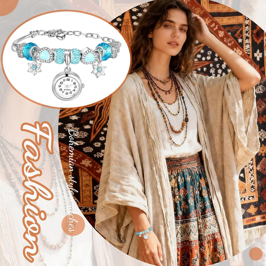 Women's Birthstone Bracelet Watch: Analog Quartz Boho Style Crystal Wristwatch with Adjustable Chain and Elegant