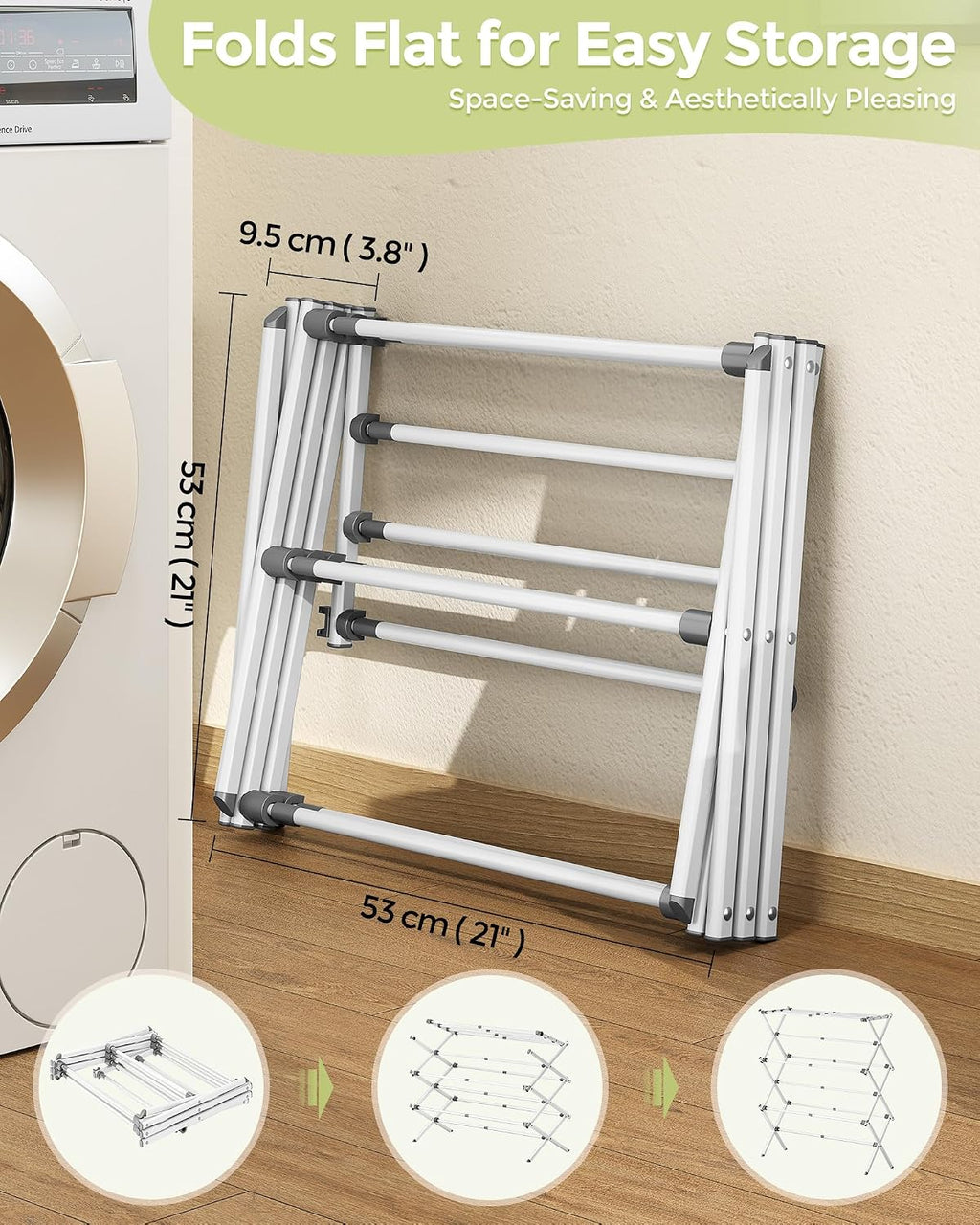 3-Tier Foldable Clothes Drying Rack, 37.6" H, White | Rust-resistant Metal, Tool-free Assembly, Extendable Drying