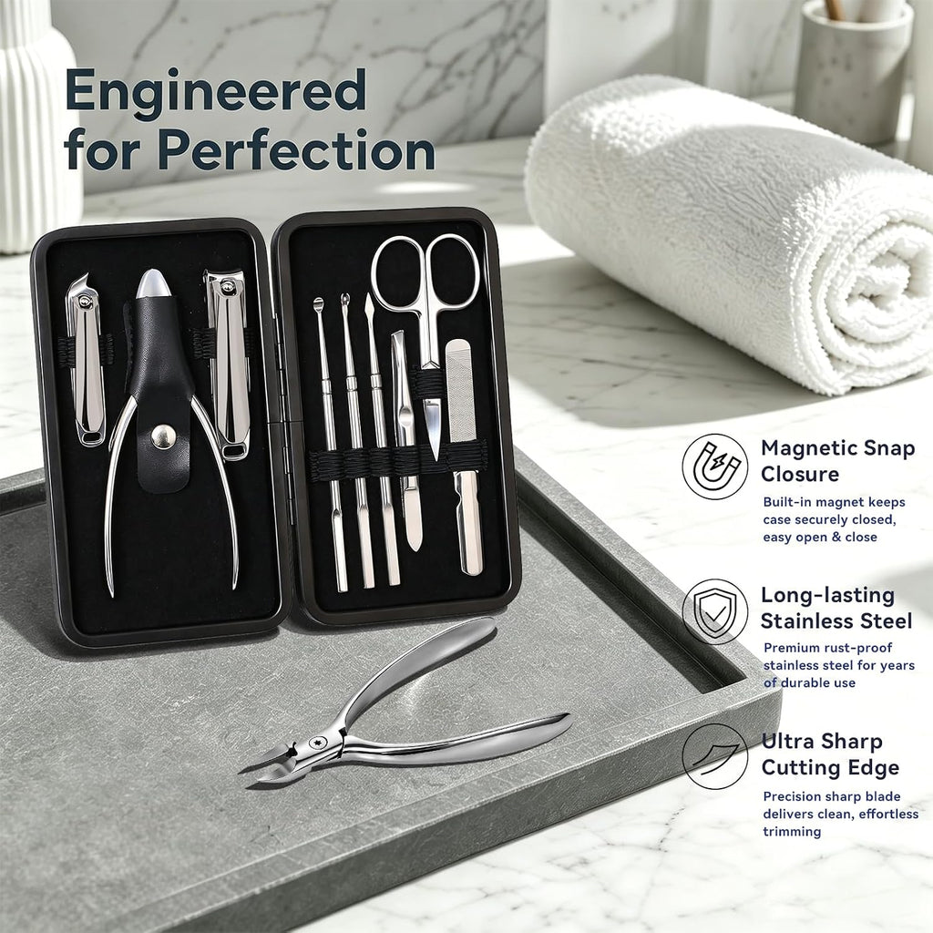 9 in 1 Professional Manicure Kit with Magnetic Leather Case,Black