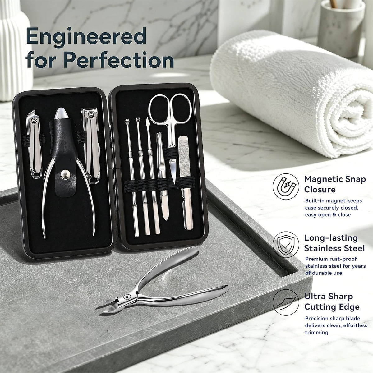 9 in 1 Professional Manicure Kit with Magnetic Leather Case,Black