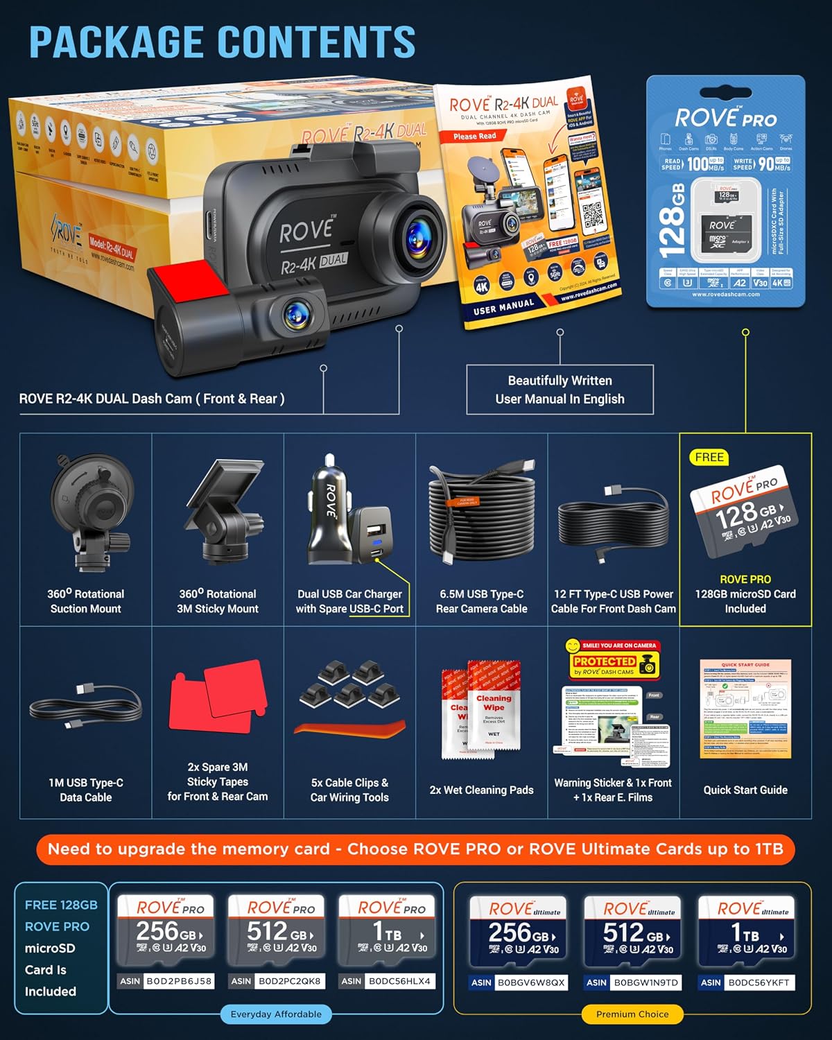 R2-4K DUAL Dash Cam Front and Rear, STARVIS 2 Sensor, FREE 128GB Card Included, 5G WiFi - up to 20MB/s Fastest