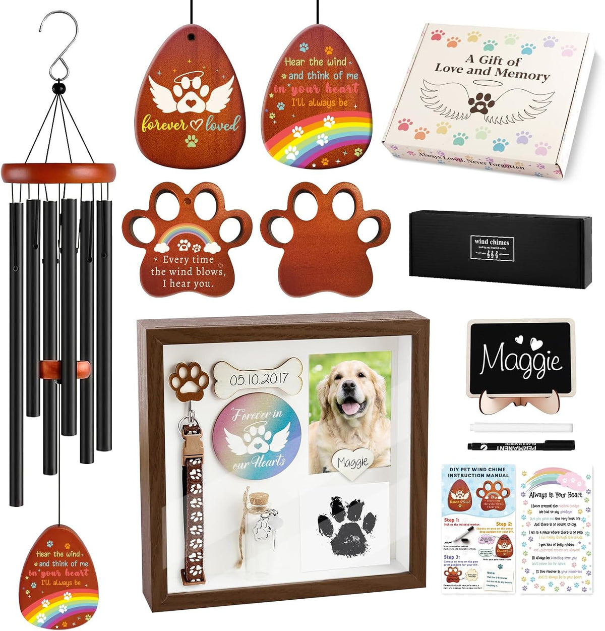 Dog Memorial Wind Chimes and Shadow Box, Pet Memorial Gifts for Dogs, Loss of Dog Cat Sympathy Remembrance Gift