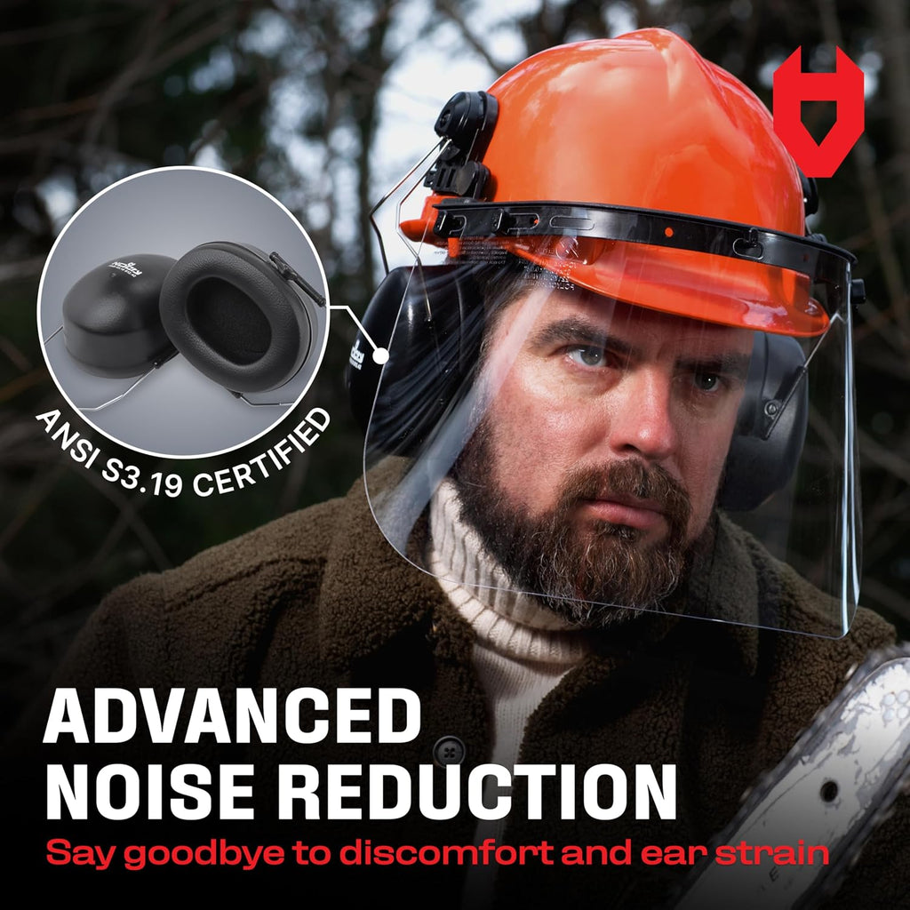 6-in-1 Industrial Chainsaw Helmet with Face Shield and Ear Muffs — Mesh & Clear Plastic Visors Included — ANSI Z89.1