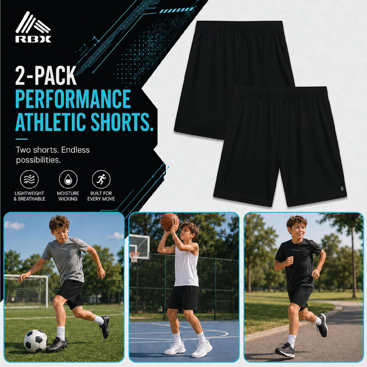 Boys 2 Pack Stretch Mesh Shorts, Youth Kids Gym, Basketball, Soccer | Lightweight Feel with Secure Elastic Waistband