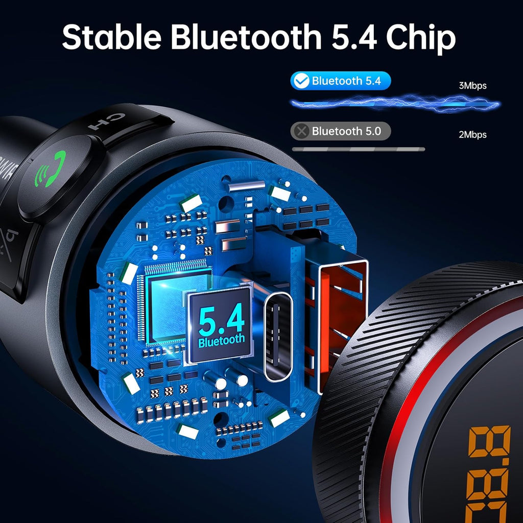 Bluetooth 5.4 FM Transmitter for Car, 38W PD&QC3.0 Dual USB Charging Bluetooth Car Adapter Microphone & Bass Sound