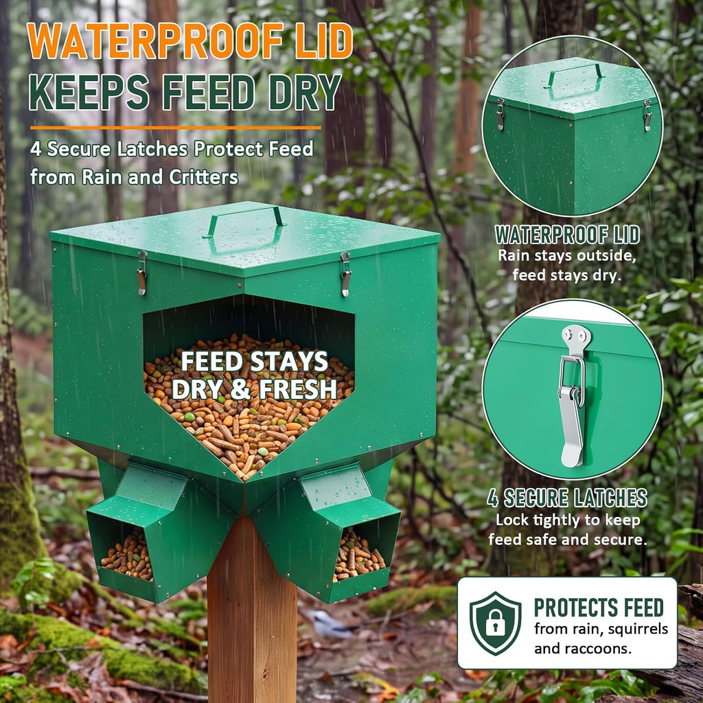 Gravity Deer Feeder, 150 lb Large Metal Hunting Feeder with 4 Ports