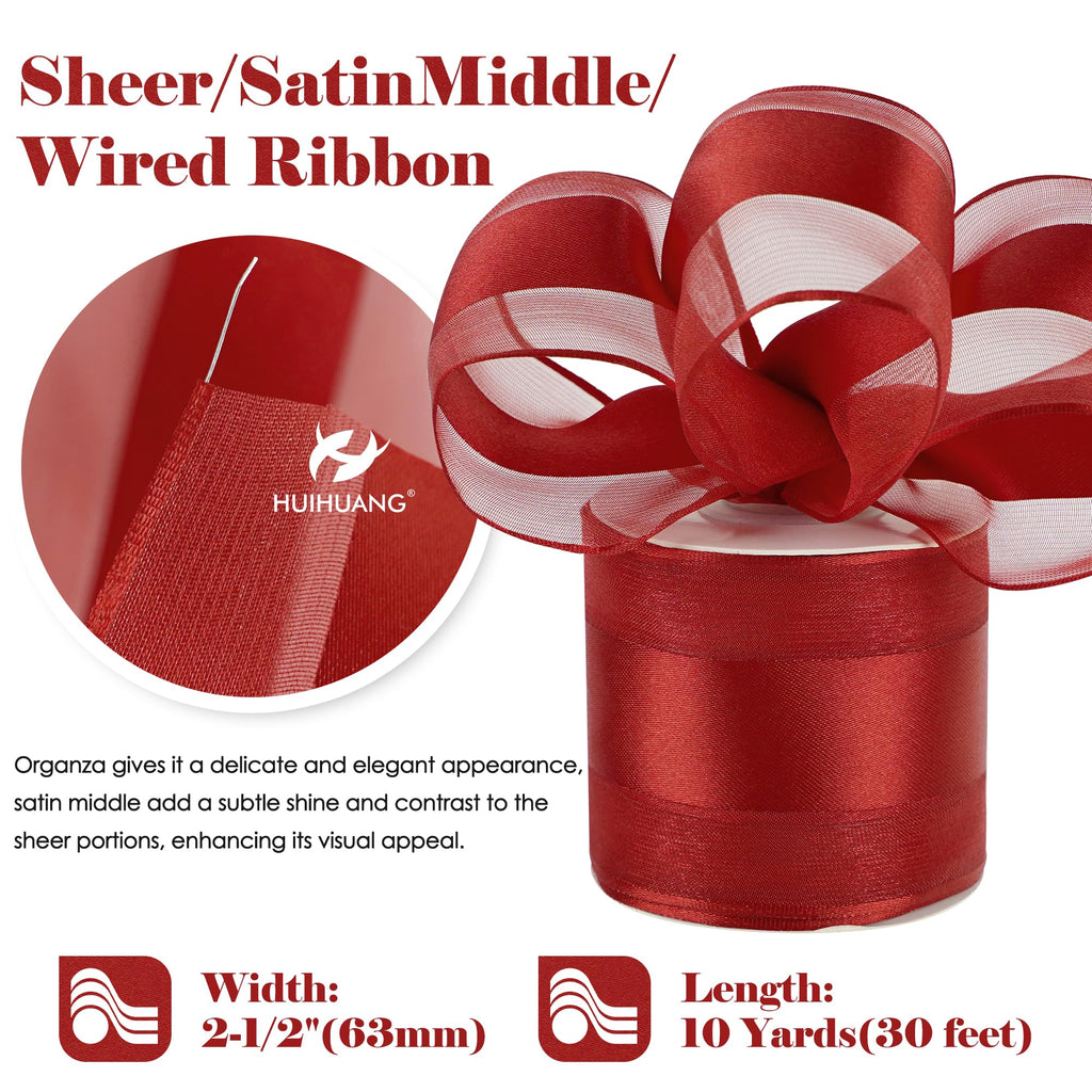 2.5 inch Red Sheer Wired Ribbon with Satin Stripe 10 Yards