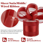 2.5 inch Red Sheer Wired Ribbon with Satin Stripe 10 Yards