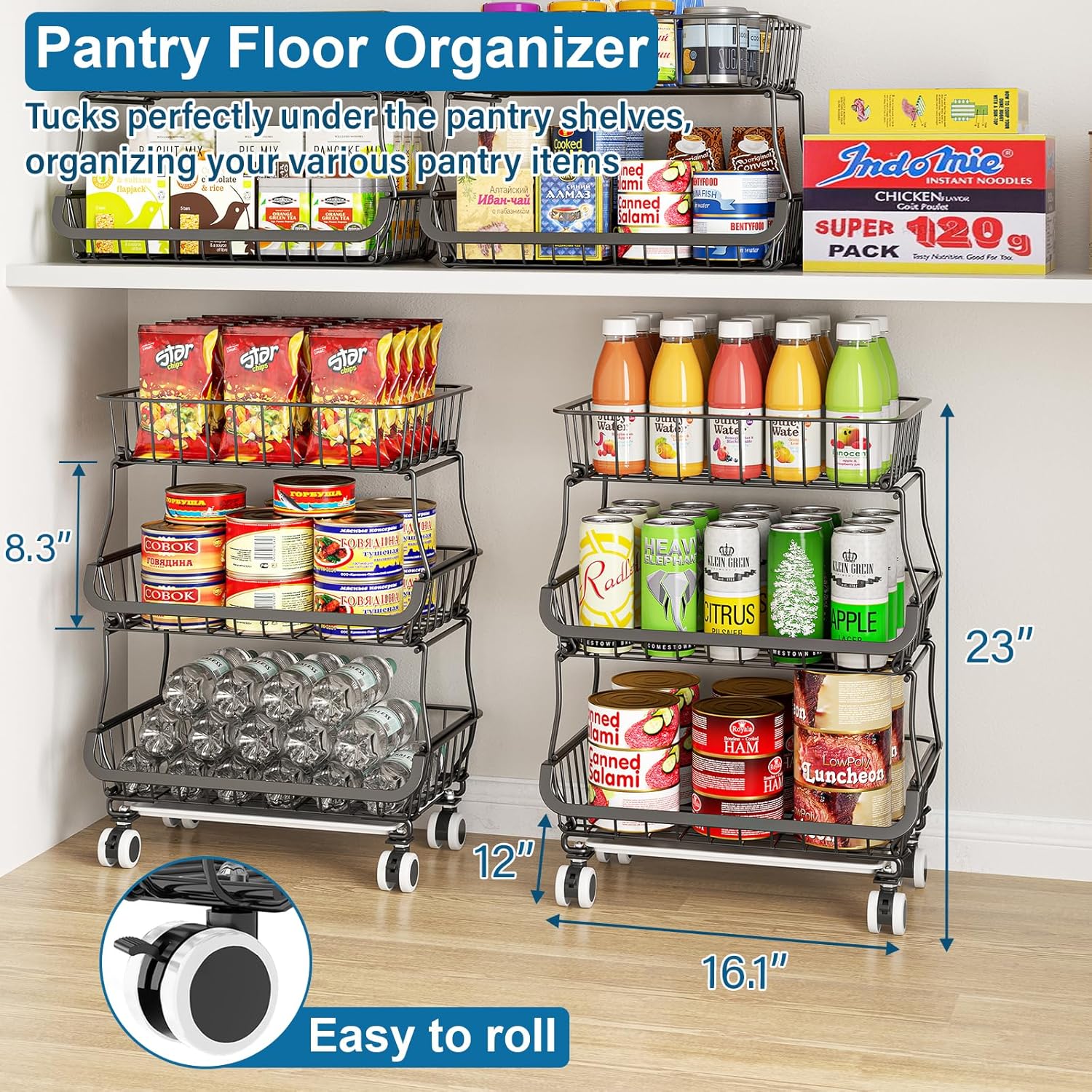 3-Tier Rolling Pantry Floor Organizer and Storage Cart with Wheels, Stackable Wire Pantry Baskets for Pantry Shelves
