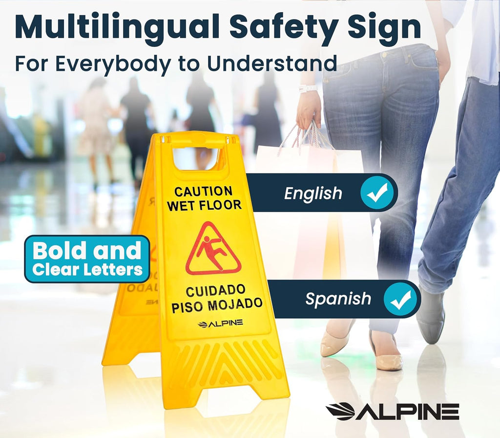Caution Wet Floor Signs 5 Pack - 24 Inch, High Visibility Yellow Slippery When Wet Sign - Bilingual Safety Warning