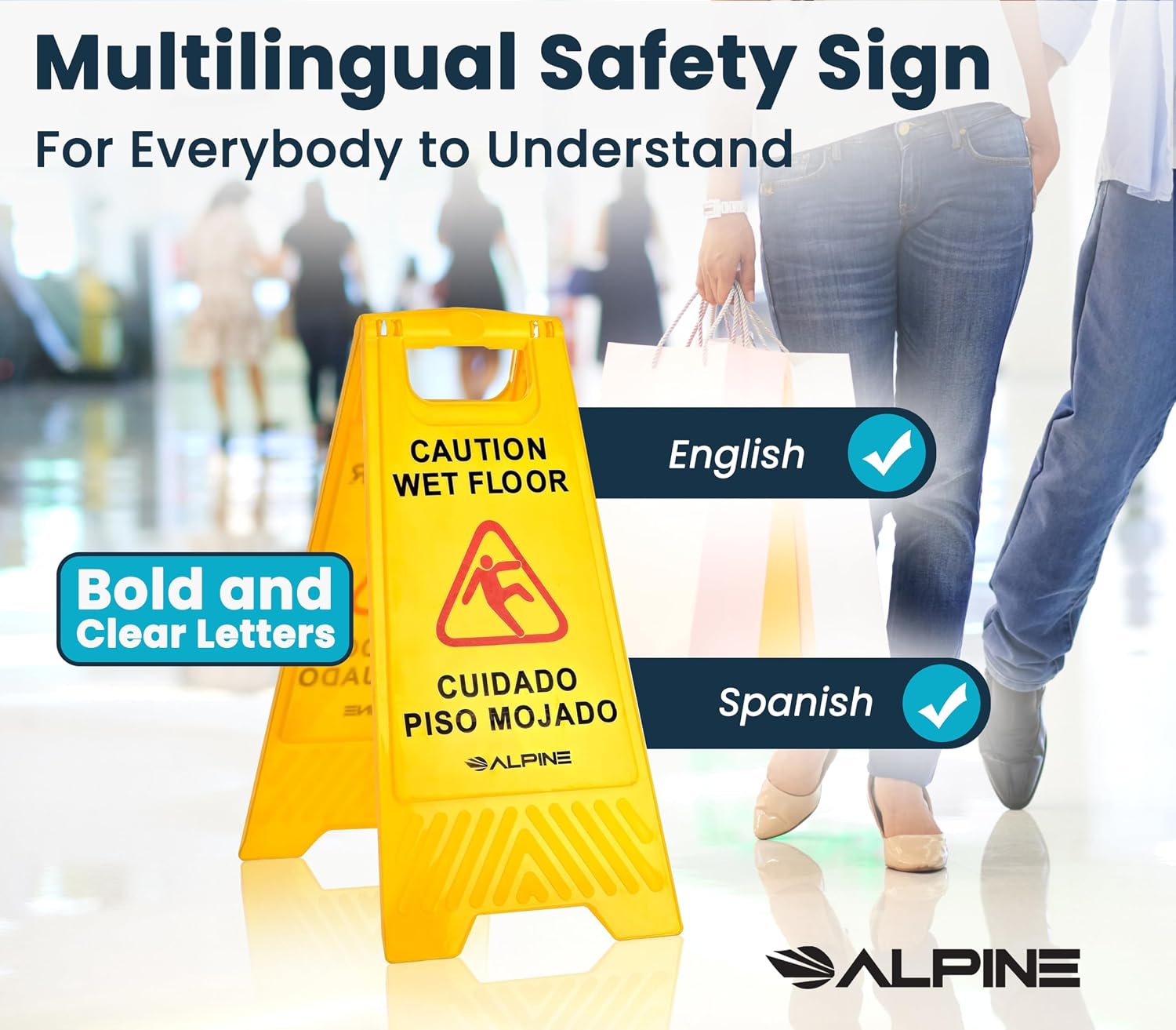 Caution Wet Floor Signs 5 Pack - 24 Inch, High Visibility Yellow Slippery When Wet Sign - Bilingual Safety Warning