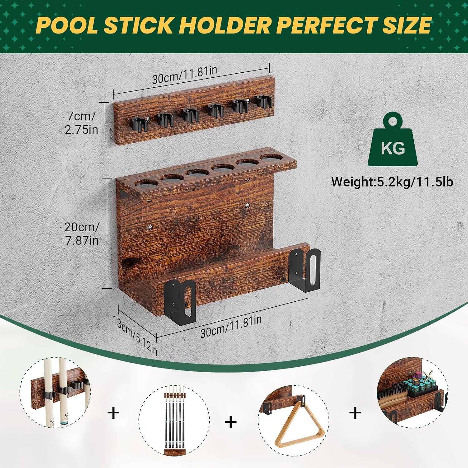 Wall Mount Pool Cue Holder – Hardwood Billiards Cue Rack for 6 Sticks, Pool Stick Wall Mount Storage Organizer, Pool