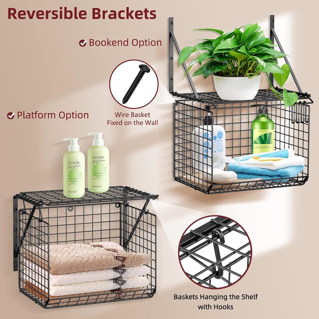 2 Pack Laundry Room Shelves, Wire Baskets with 8 Hooks, Over Washer and Dryer Shelf, Wall Mounted Storage and Clothes