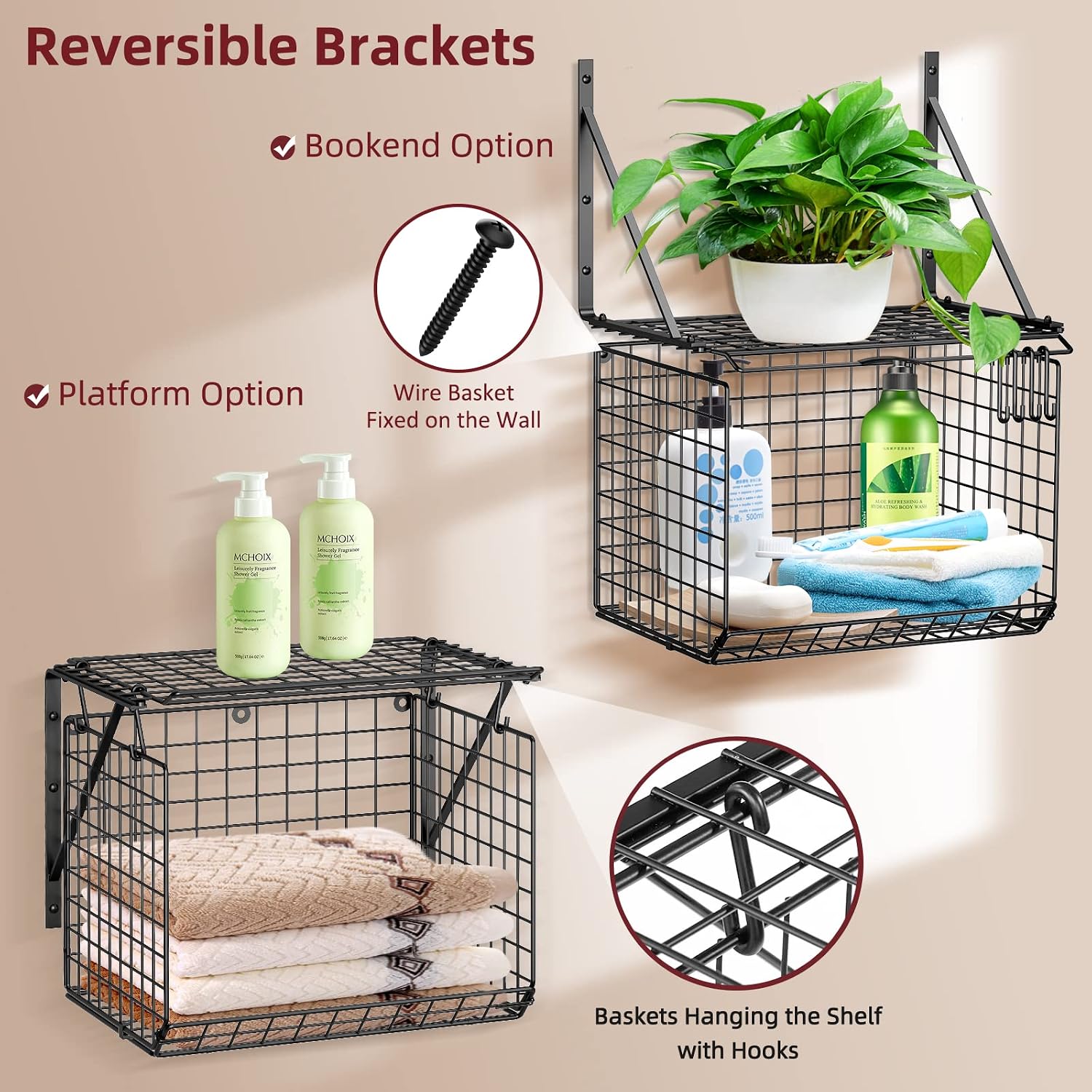2 Pack Laundry Room Shelves, Wire Baskets with 8 Hooks, Over Washer and Dryer Shelf, Wall Mounted Storage and Clothes