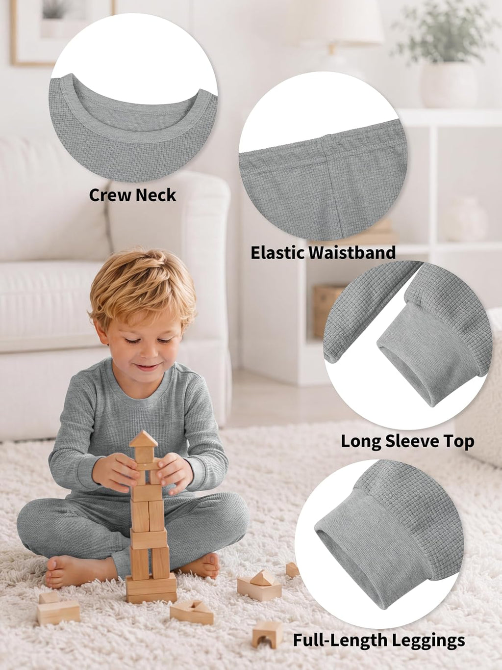 3 Set Thermal Underwear Set for Kids Waffle Long Sleeve Thermal Shirt and Long Johns for Toddler Boys