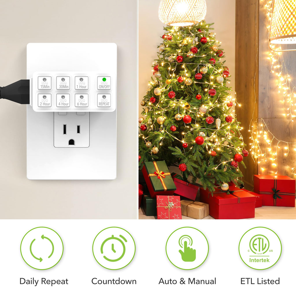 BN-LINK Indoor Countdown Timer with Repeat Function, 3-Prong Outlet Timer