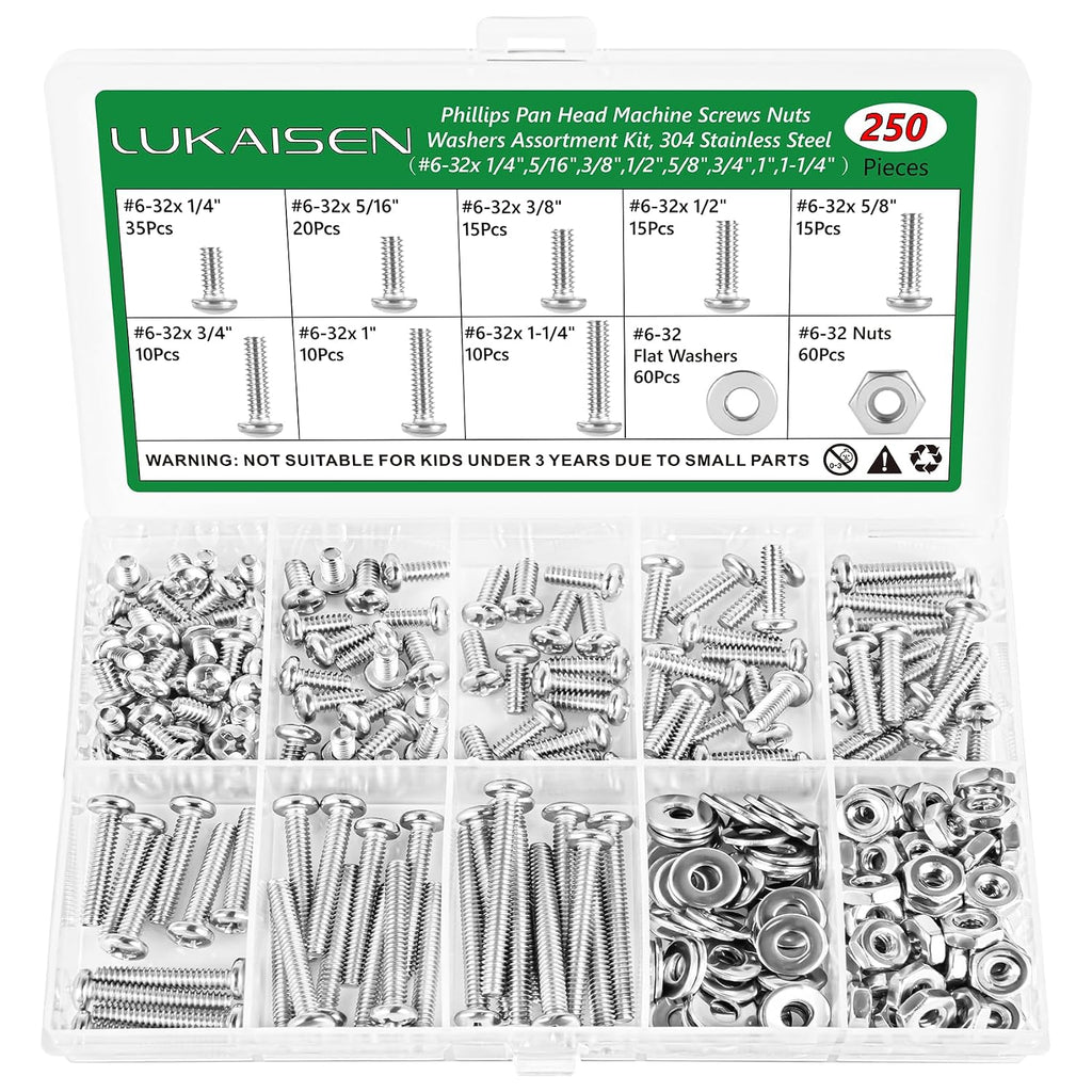 250 Pcs #6-32 Pan Head Machine Screws Nut Washer Bolt Kit,304 SS