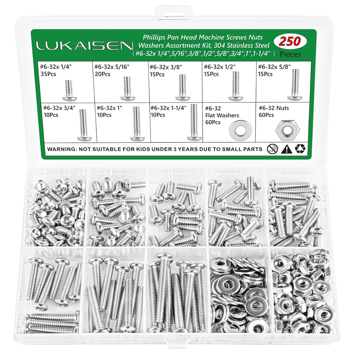 250 Pcs #6-32 Pan Head Machine Screws Nut Washer Bolt Kit,304 SS
