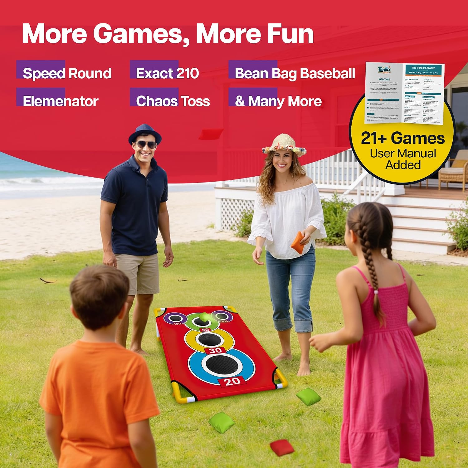 Cornhole Board with 21+ Games, 8 Bean Bags - Arcade Style Corn Hole Games for Adults and Kids, Portable Outdoor Yard