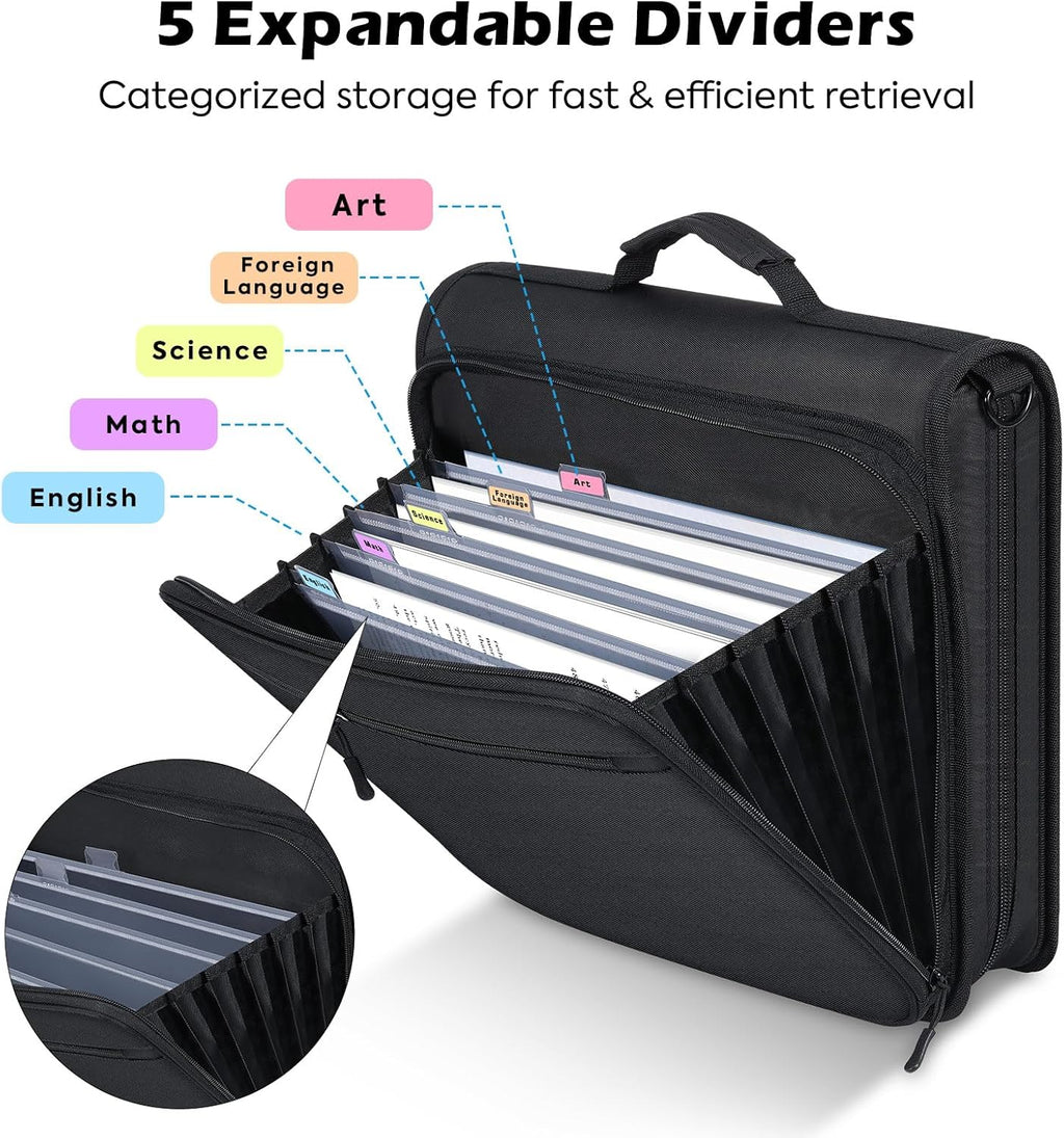 Zipper Binder, 2-Inch 3-Ring, 500 Sheets, 5-Tab File Folders, Black | 420D nylon with five dividers, multiple