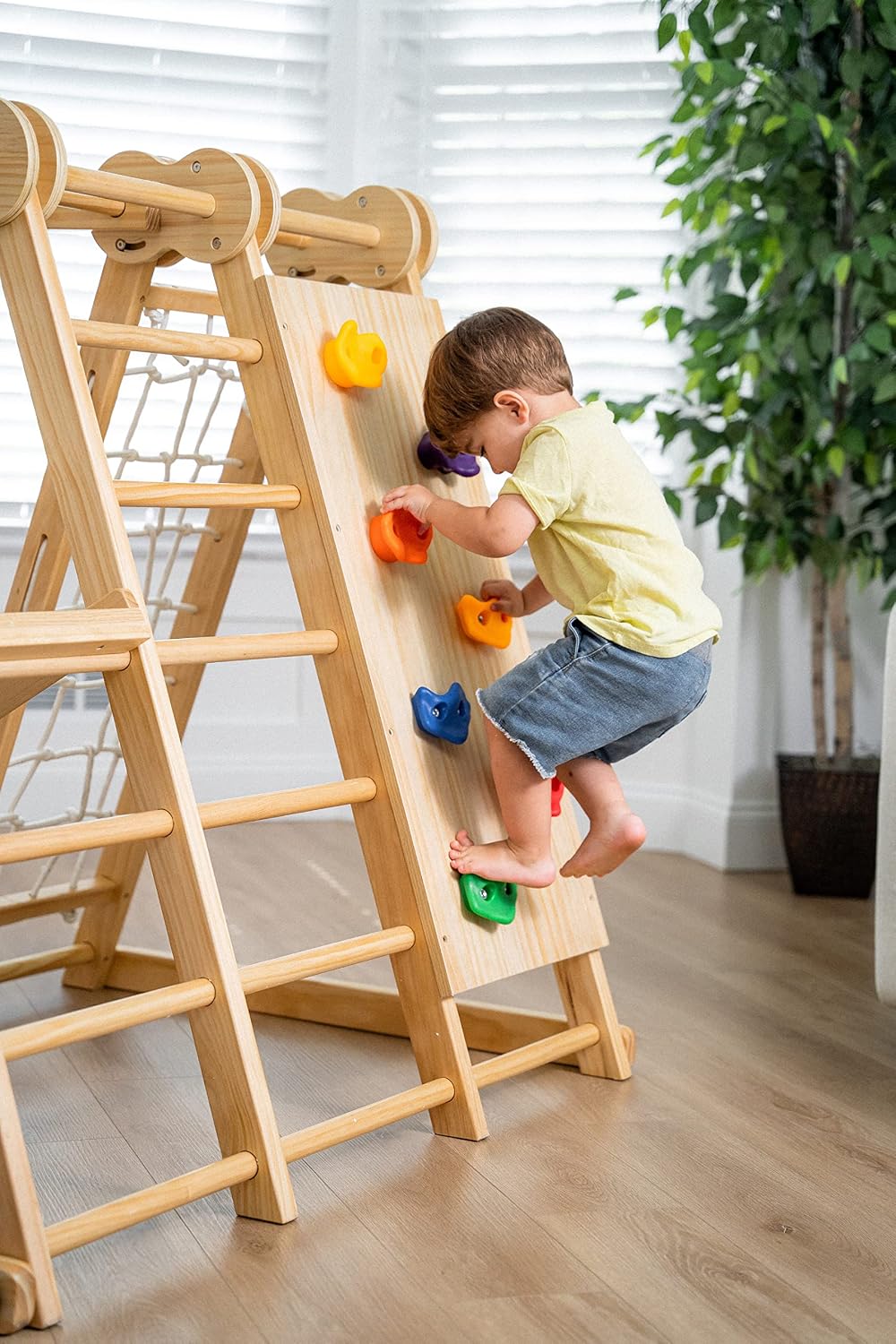 7-in-1 Indoor Playset for Kids 2-6 with Slide, Climbing Wall, Ladder, Net, Bars, Swing, Ring - USA