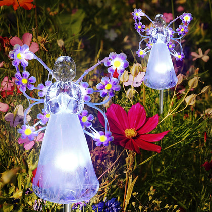 Angel Solar Lights Outdoor, 2 Packs Purple Solar Powered Garden Stake Lights for Cemetery Grave Decoration, Memorial