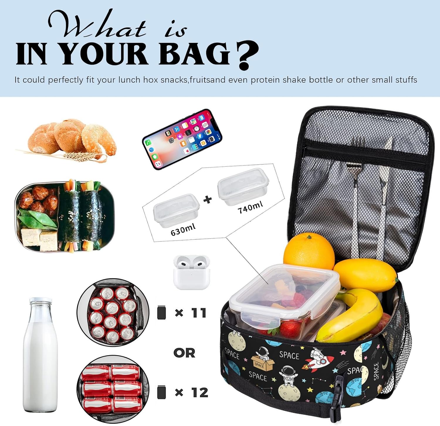 Lunch Bag Kids, Space Astronaut Insulated Lunch Box, Reusable Thermal Cooler Tote for Kids, Back to School