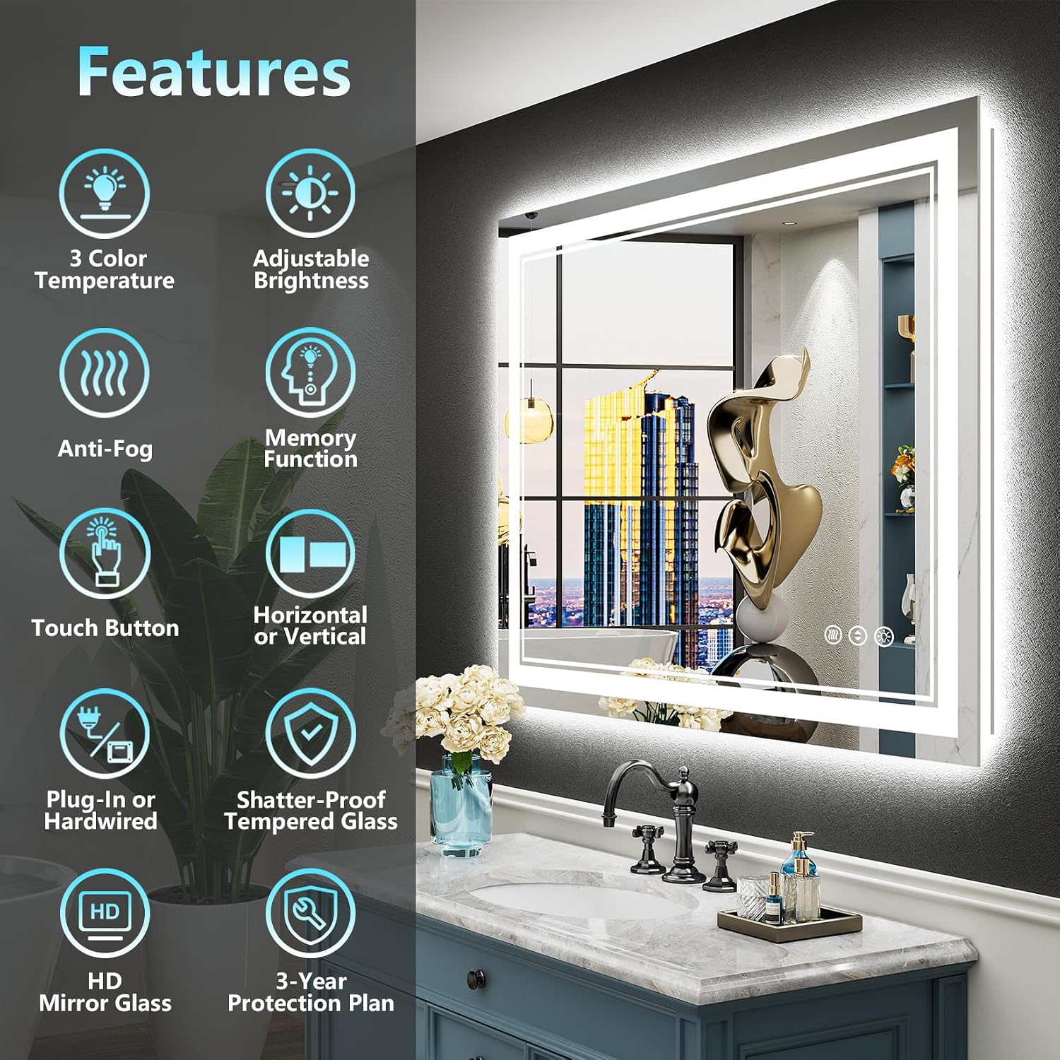 40x32 LED Bathroom Mirror with Lights, Backlit & Front Lit Anti-Fog | Lighted Vanity Mirror, Dimmable, 3-Color Temp