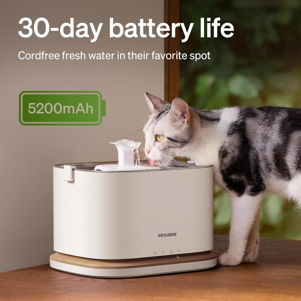 Upgrade Cat Water Fountain, Cordless Cat Fountain Battery Operated, App Monitoring 3L/101oz Dockstream 2 Pet Water