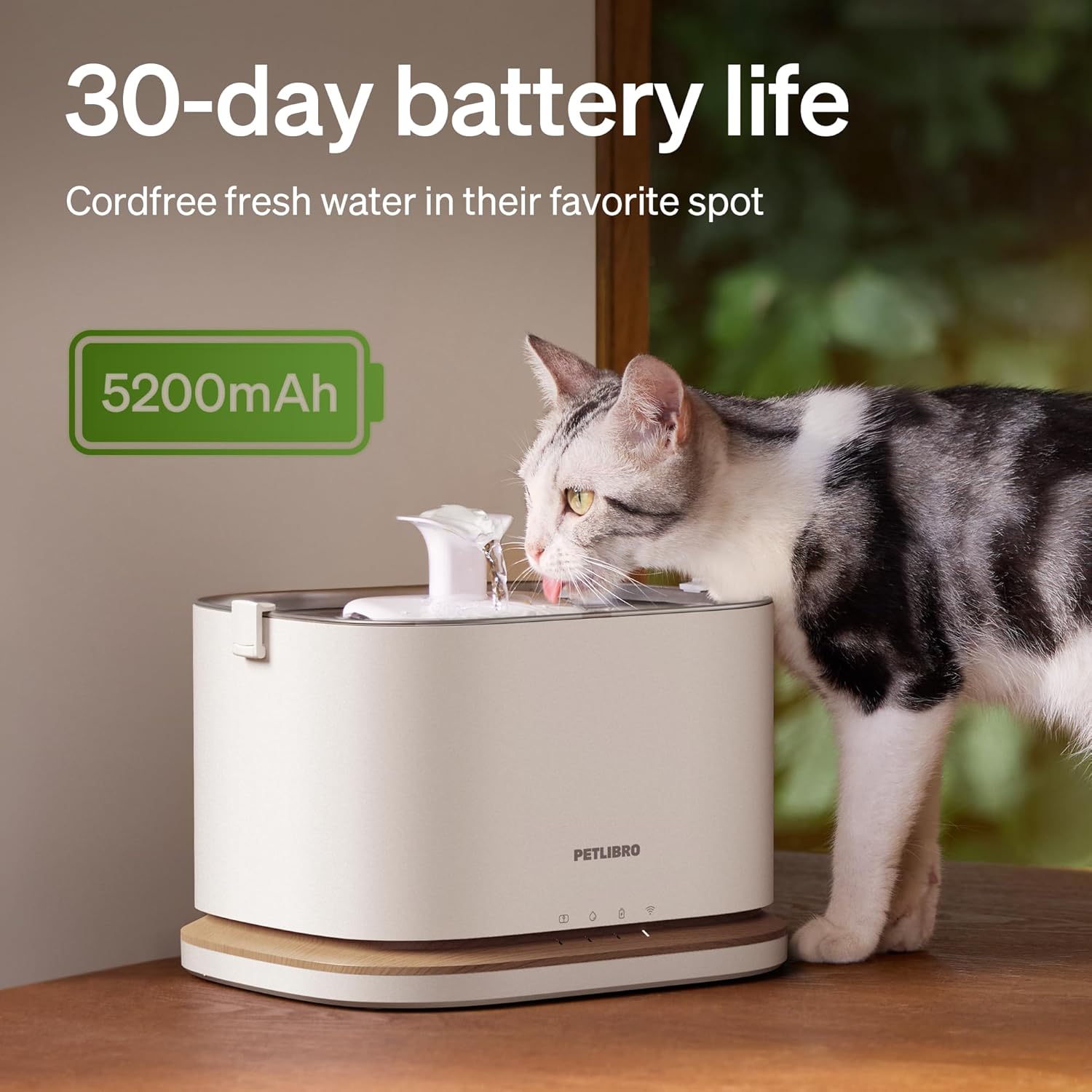 Upgrade Cat Water Fountain, Cordless Cat Fountain Battery Operated, App Monitoring 3L/101oz Dockstream 2 Pet Water