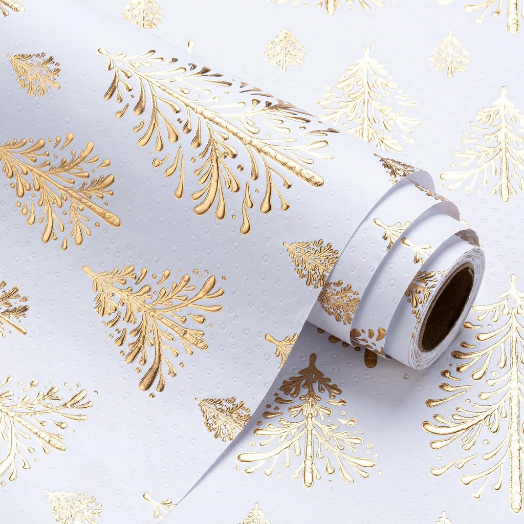 3D Kraft Christmas Wrapping Paper Roll - Mini Roll - 17 Inch x 16.5 Feet - Gold and White Christmas Tree Wrapping