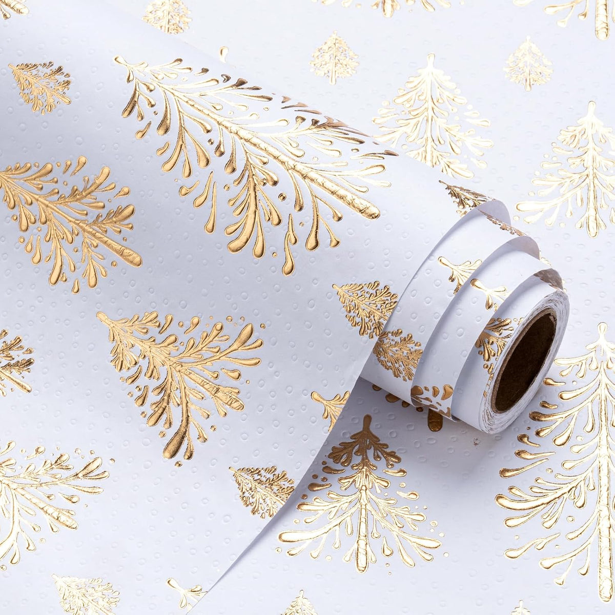 3D Kraft Christmas Wrapping Paper Roll - Mini Roll - 17 Inch x 16.5 Feet - Gold and White Christmas Tree Wrapping