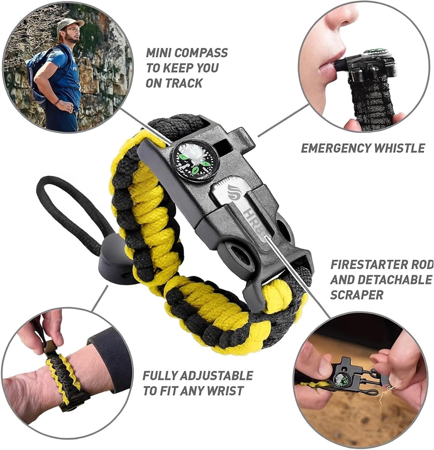 Paracord Survival Bracelet (3 Pack) – Adjustable Paracord Bracelets, Hunting Gear with Fire Starter, Compass, Whistle