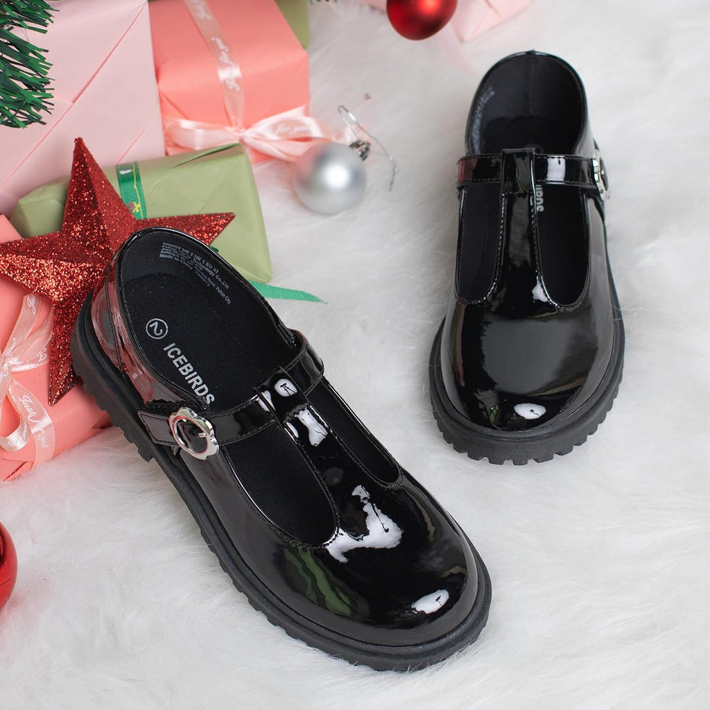 Girls School Uniform Shoes Mary Jane Flats,Low Heel Princess Hook and Loop Dress Shoes for School Party