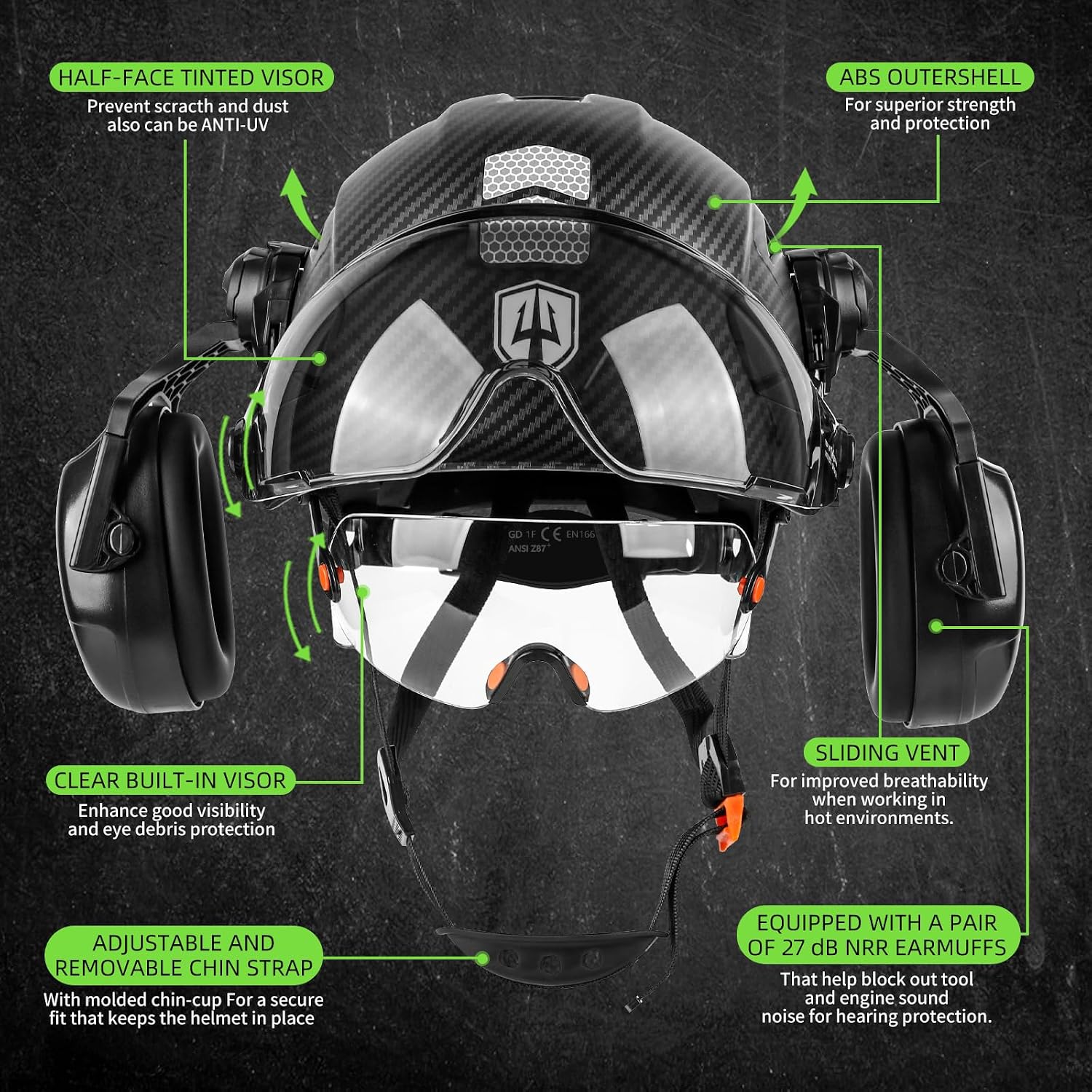 Hard Hat Safety Helmet with Visor and Ear Muffs Men Women Vented Work Hardhat ANSI Z89.1 Cascos De Construccion for