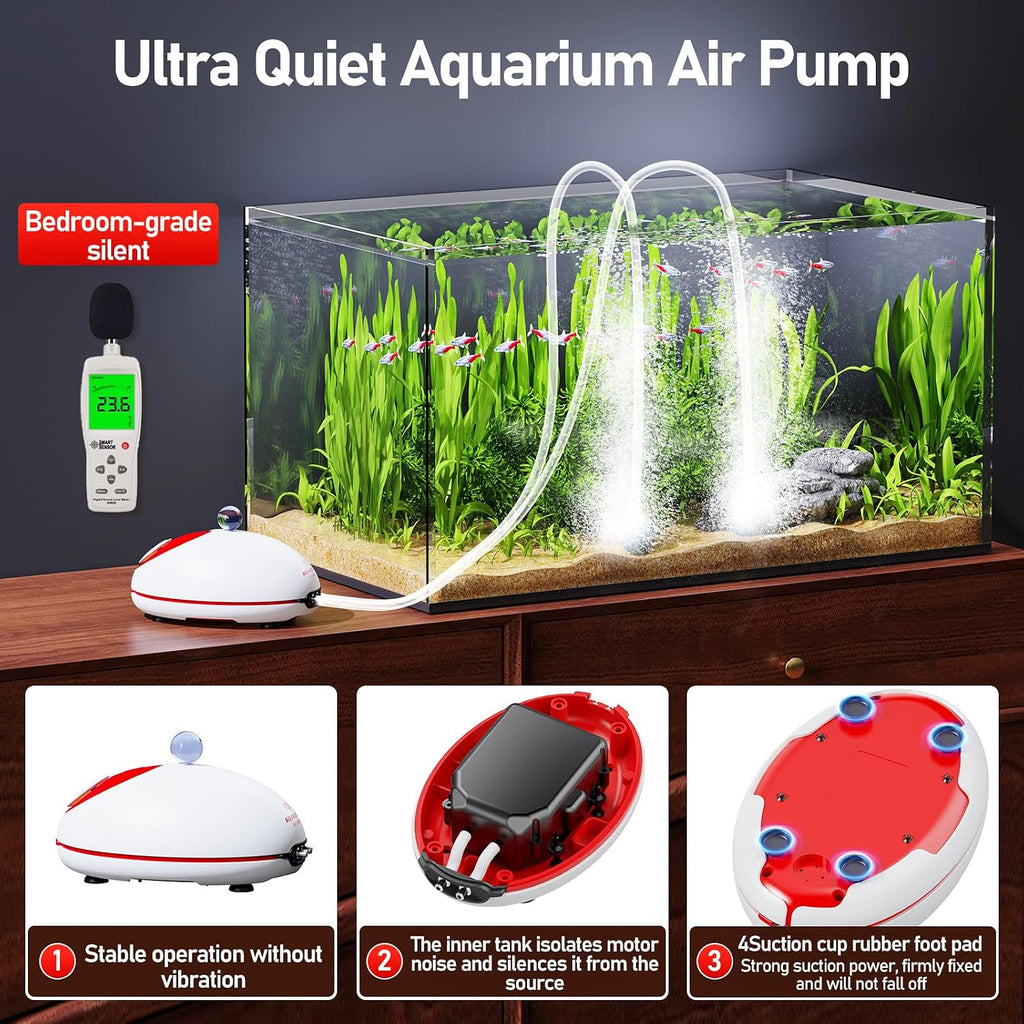 No-Hum Whisper-Quiet Aquarium Air Pump,＜25dB Adjustable Airflow | 3W/60GPH/20Kpa,for 40-70 Gal,Stainless Steel Double