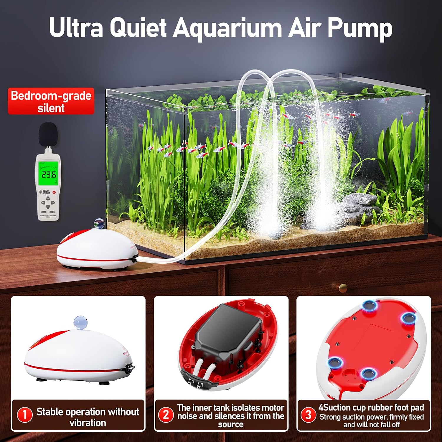 No-Hum Whisper-Quiet Aquarium Air Pump,＜25dB Adjustable Airflow | 3W/60GPH/20Kpa,for 40-70 Gal,Stainless Steel Double