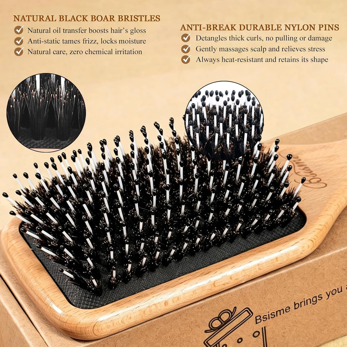 Boar Bristle Hair Brush, Professional Detangling Brush for Women Men Kids, Anti-Static Paddle Hairbrush, Suitable for