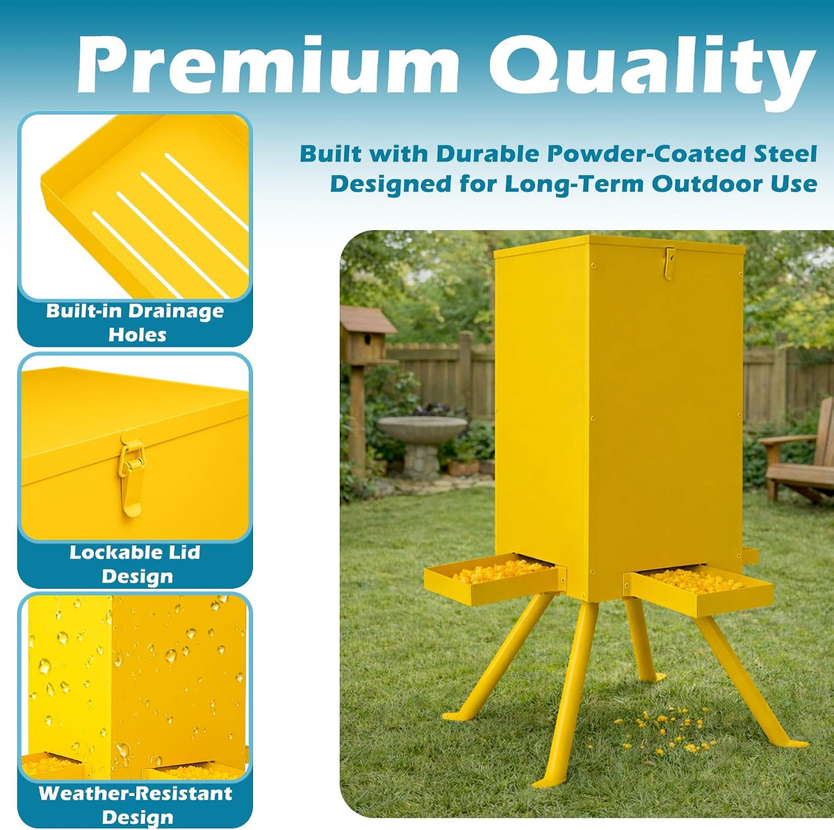 Deer Feeder 60-70 lbs, Weatherproof Deer Feeders, Heavy Duty Metal Gravity Deer Feeder with 4 Feeding Tray and 4-Leg
