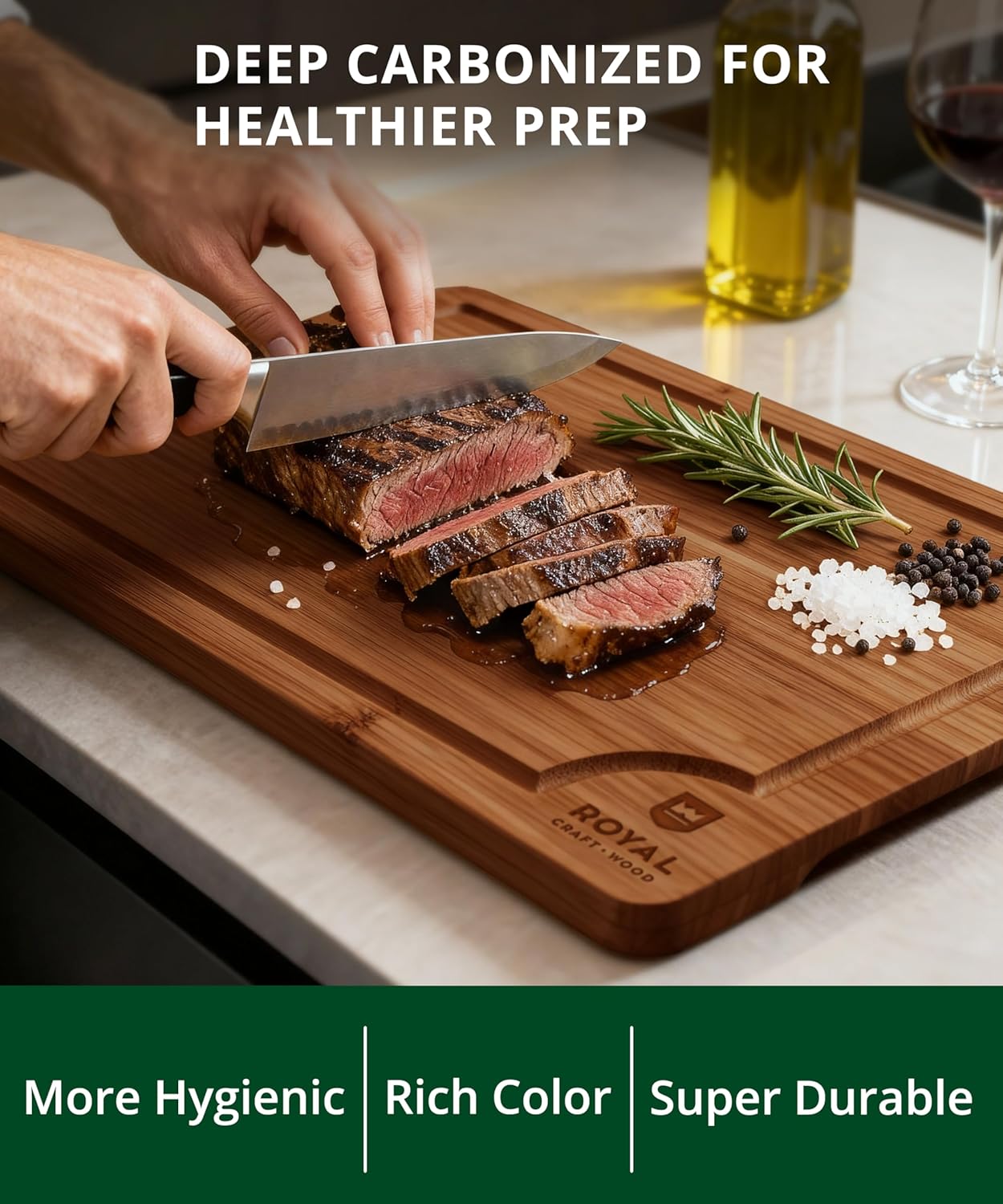Wooden Cutting Boards for Kitchen Meal Prep & Serving - Non Toxic Bamboo Wood Cutting Board Set with Deep Juice