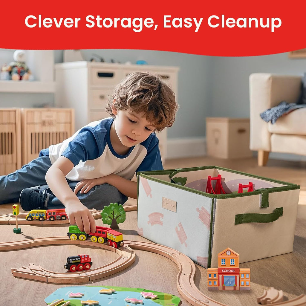 110pcs Wooden Train Set with Folding Storage Box | Wooden Train Track Toy for Boys & Girls, Age 3-7, Includes