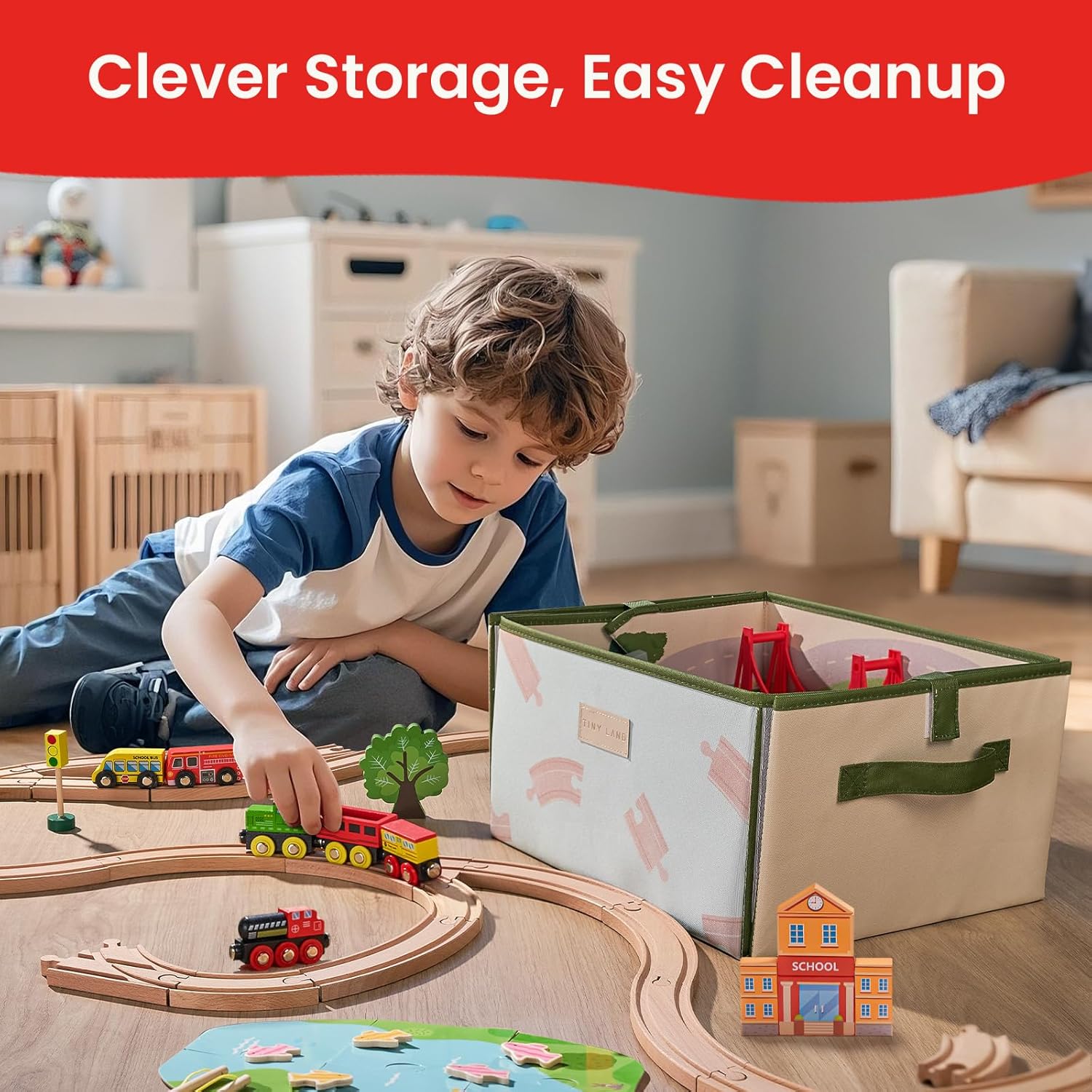 110pcs Wooden Train Set with Folding Storage Box | Wooden Train Track Toy for Boys & Girls, Age 3-7, Includes