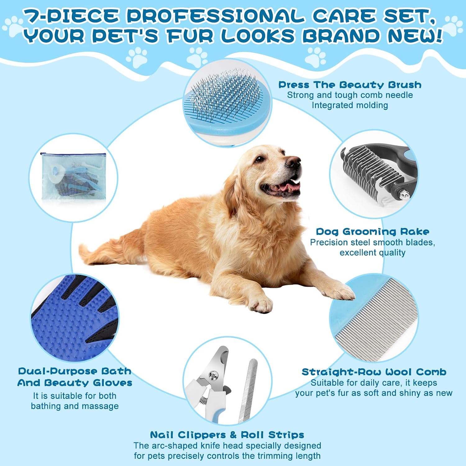 7-in-1 Pet Grooming Kit–Cat Brush,Dog Brush for Shedding,Double-Sided Flea Comb,Dog Nail Trimmers,Dog Bath