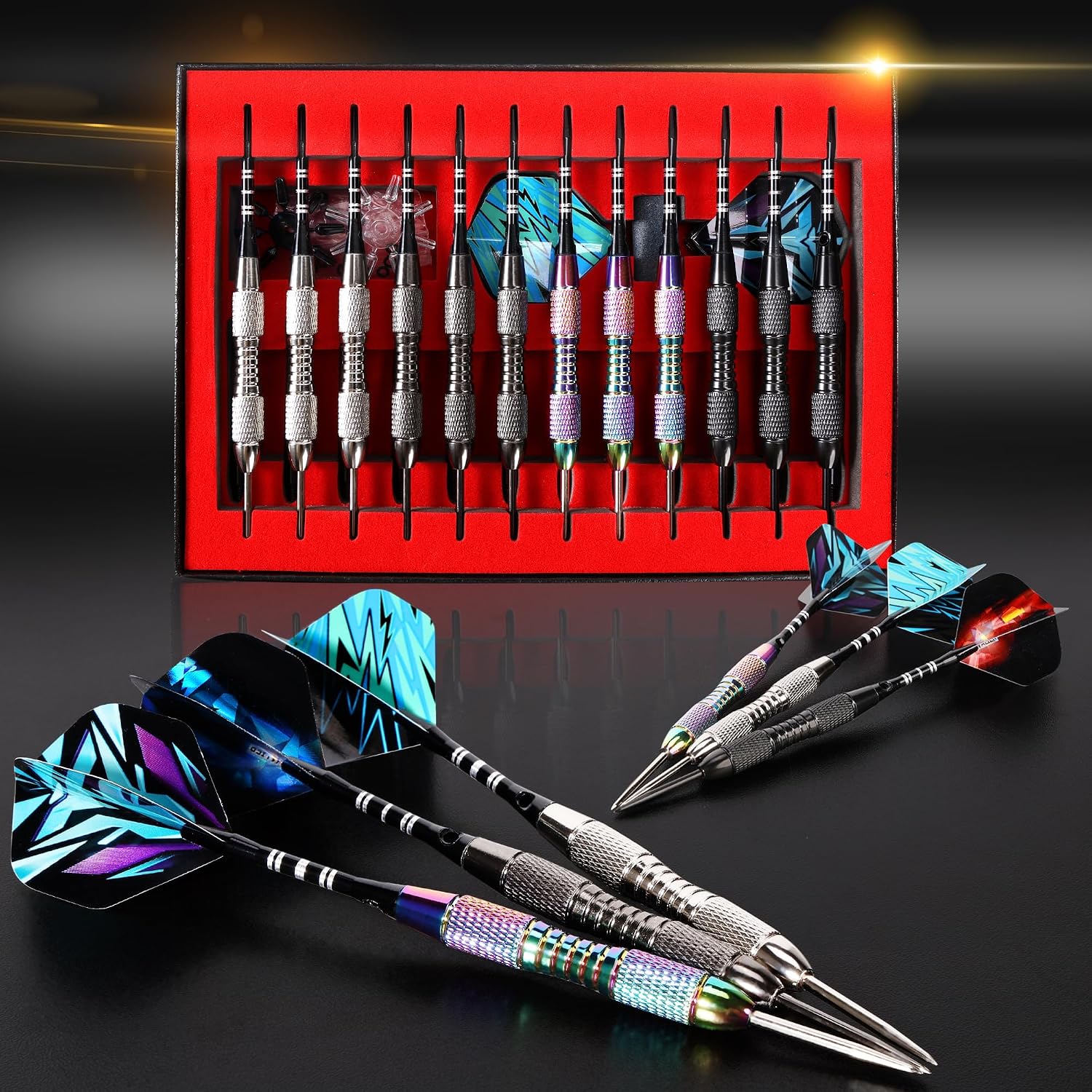 Darts Metal Tip Set Steel Tip Darts 12 pcs Set 22g with Gift Box | Darts for Dartboard with Darts Guide and Gift