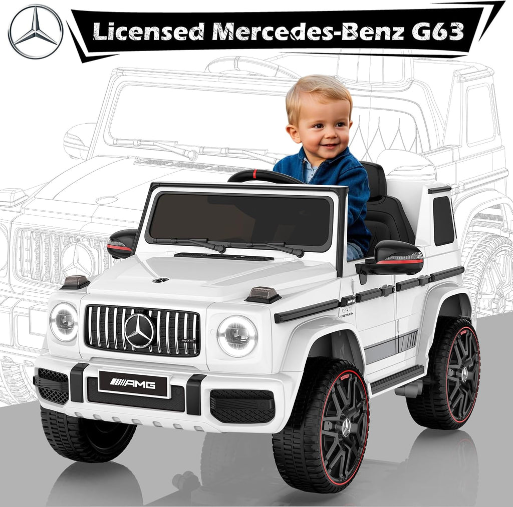 12V 7AH Licensed Mercedes-Benz G63 Electric Car for Kids, White | Parent remote control ride on car for toddlers with