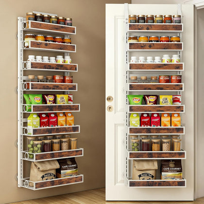 8 Tier Over The Door Pantry Orangizer 2 IN 1 Wall Mounted or Hanging Spice Rack with Adjustable Wood Basket,Heavy