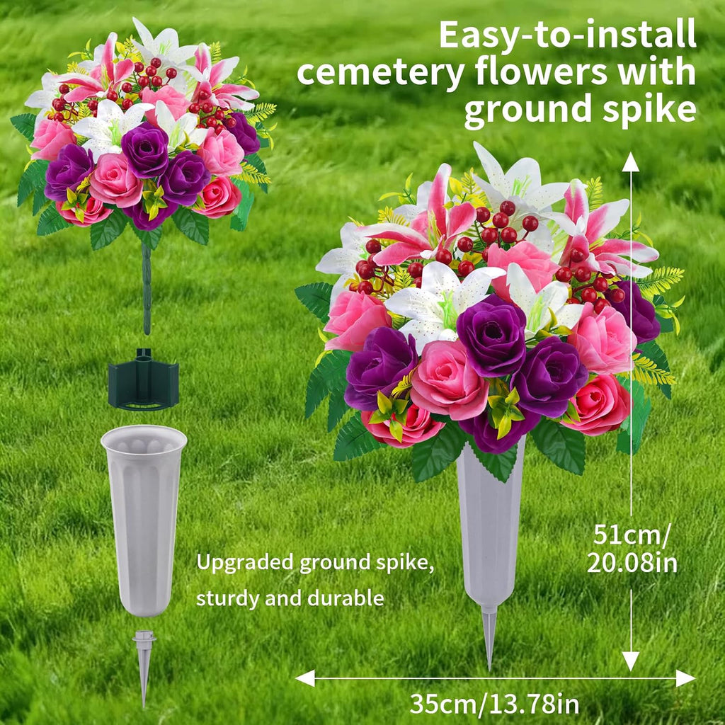 Cemetery Flowers for Grave Headstone Flower Saddle with Silk Rose Lily 3pcs