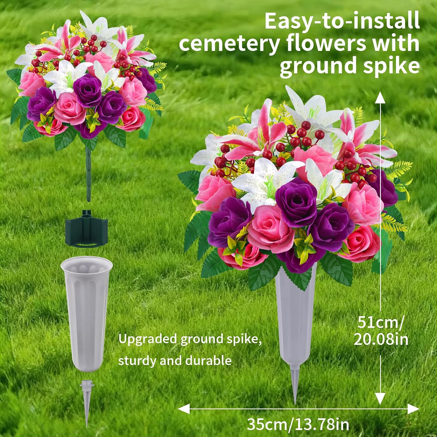 Cemetery Flowers for Grave Headstone Flower Saddle with Silk Rose Lily 3pcs